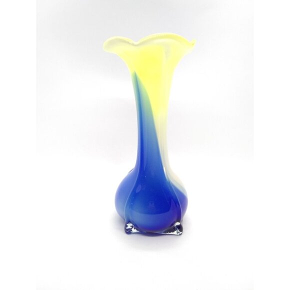 Art glass vase tulip floral style yellow blue swirl Bud Vase 8" - Picture 8 of 12